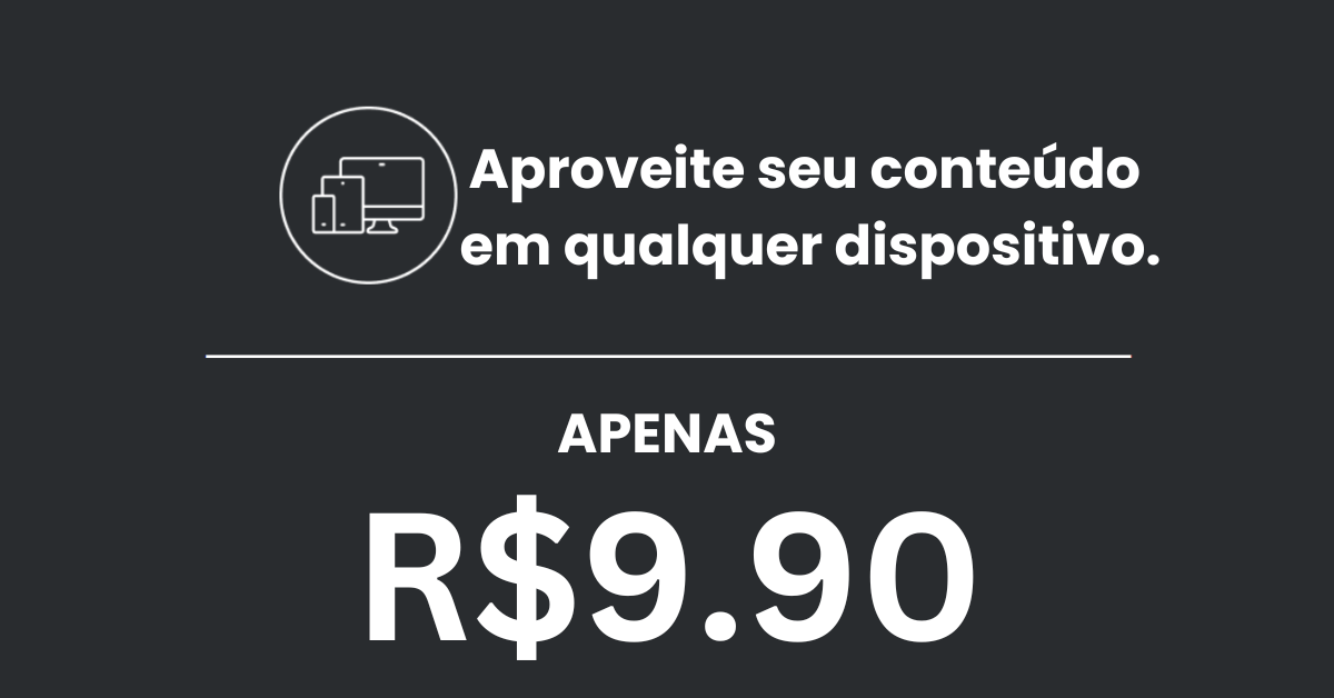 Imagem promocional com fundo preto mostrando que o PDF pode ser acessado por computador, tablet e celular, com o preço de R$9,90.
